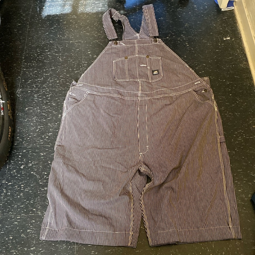 NWT Bernie Short Overalls Pinstripe Navy and White Denim Cargo